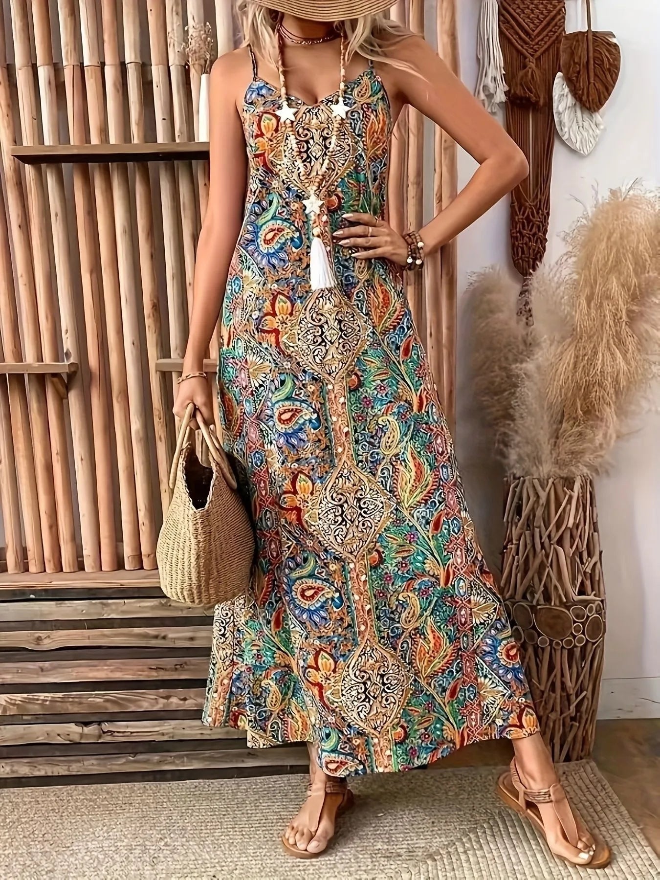 Woman wearing a colorful patterned dress with a straw bag in a rustic setting.