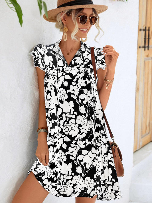 Floral Tie Neck Butterfly Sleeve Dress - Leo’s Look Your Best