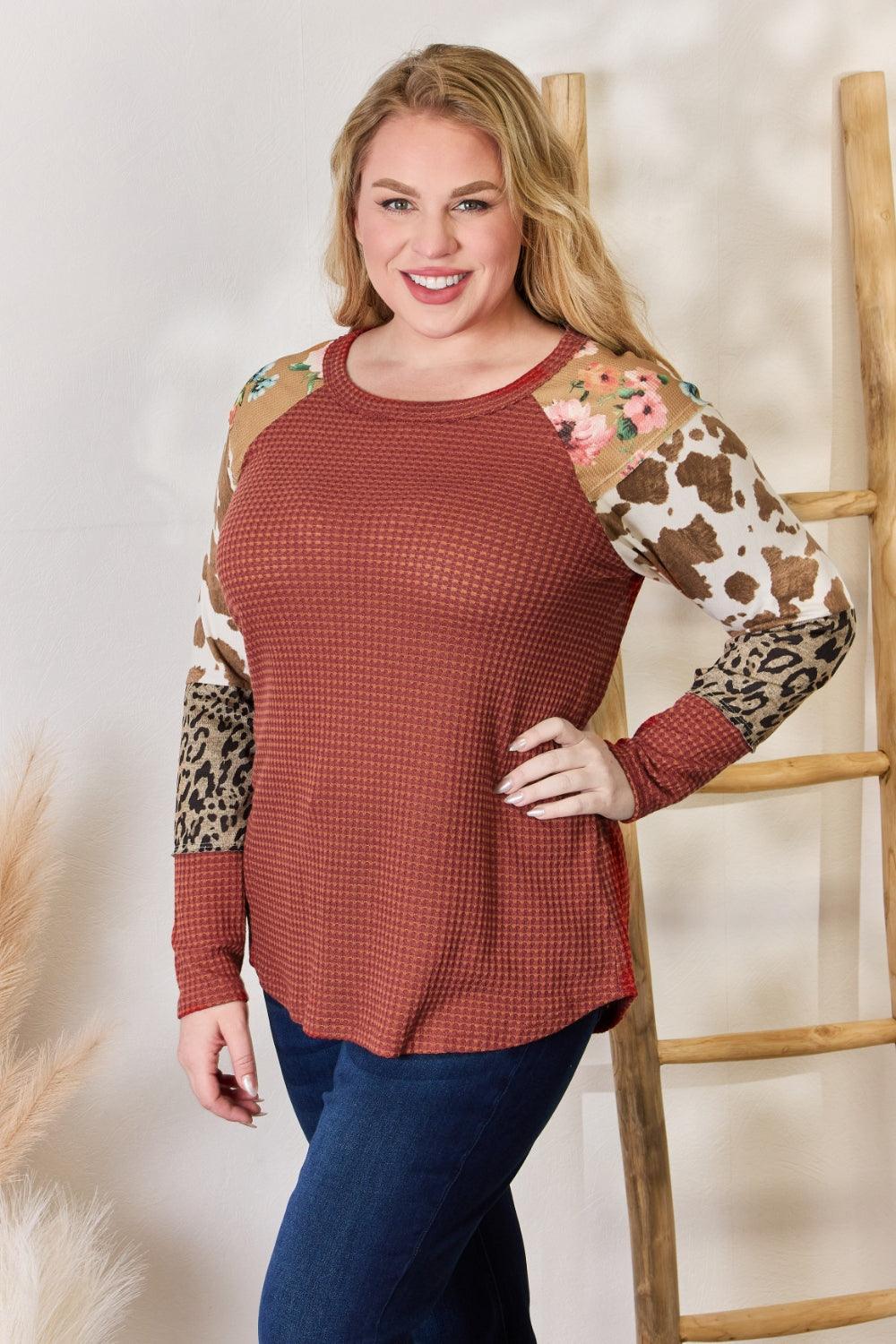 Hailey & Co Full Size Leopard Waffle-Knit Blouse - Leo’s Look Your Best