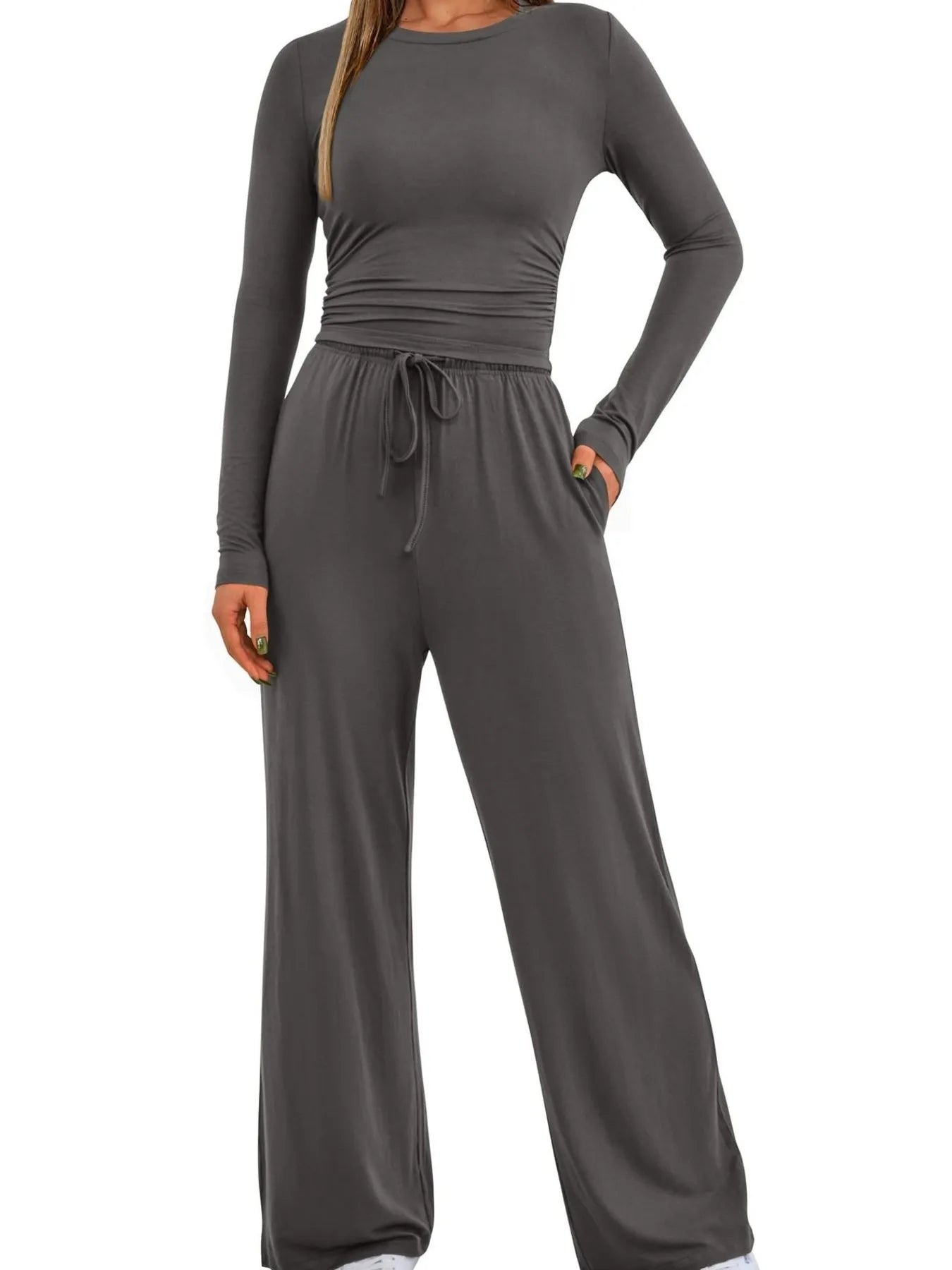 Gray long-sleeve top and wide-leg pants set on a white background