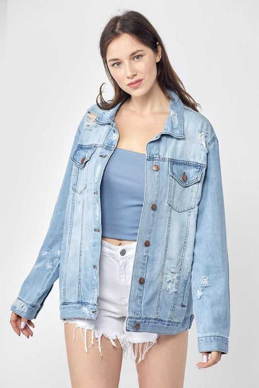 RISEN Full Size Distressed Long Sleeve Denim Jacket Plus Size - Leo’s Look Your Best