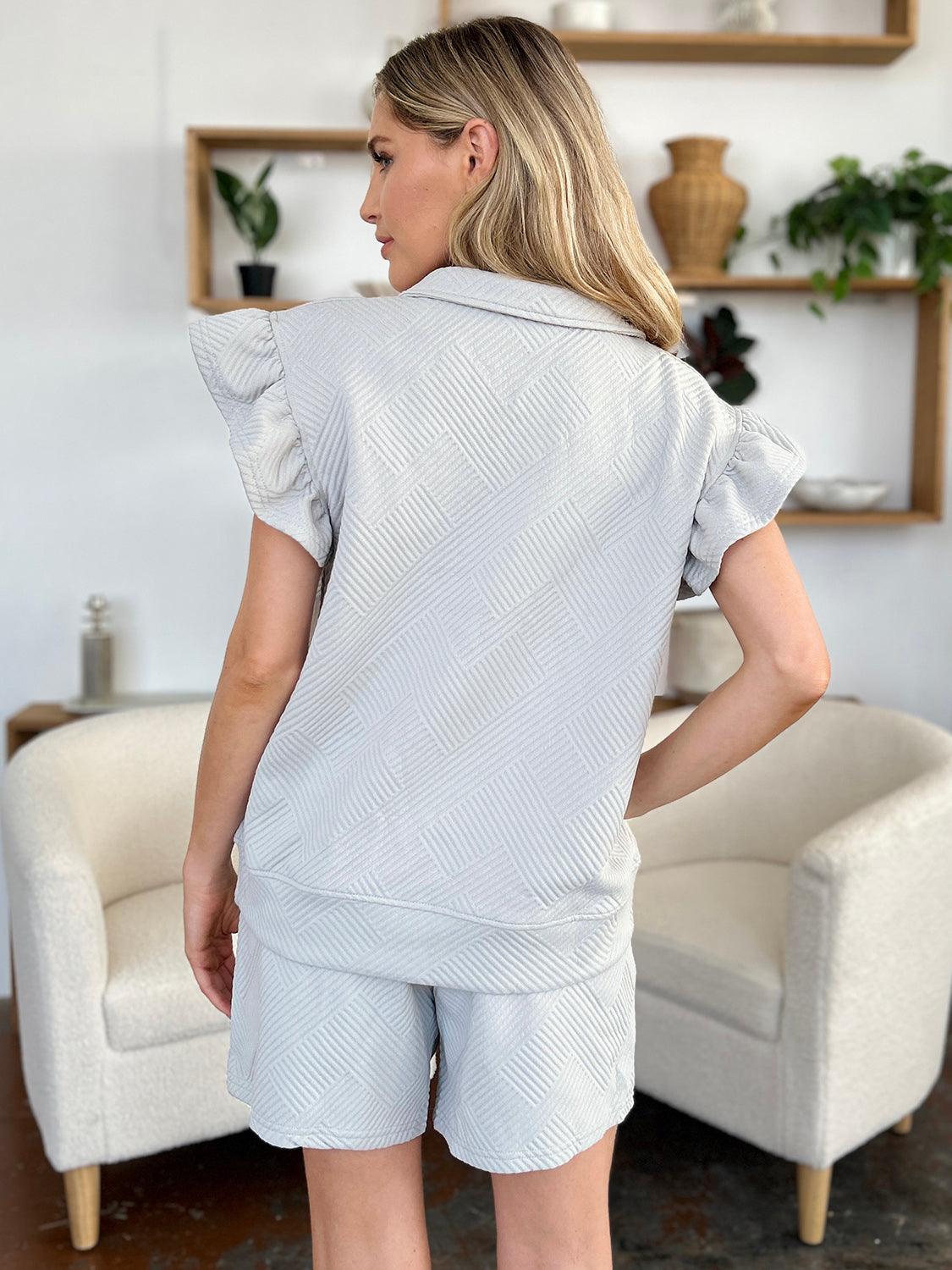 Double Take Full Size Texture Flounce Sleeve Top and Drawstring Shorts Set - Leo’s Look Your Best