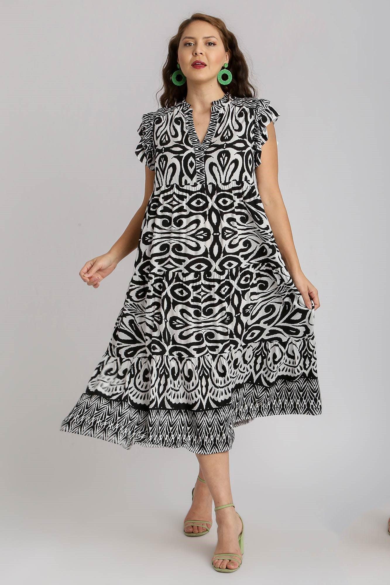 Umgee Full Size Two Tone Border Print Ruffle Cap Sleeve Midi Dress Plus Size - Leo’s Look Your Best