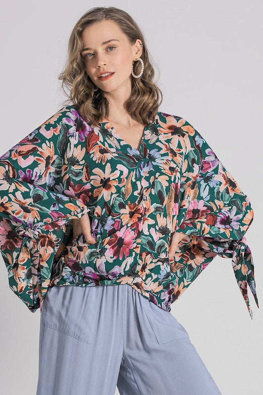 Umgee Full Size Floral V-Neck Tie Sleeve Blouse Plus Size - Leo’s Look Your Best