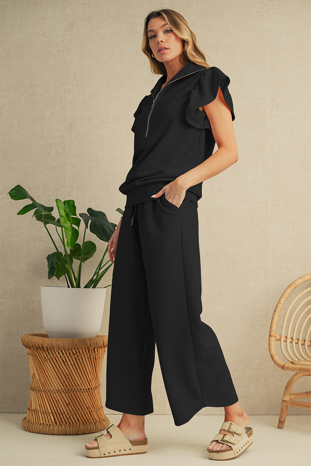 Apricot Textured Ruffle Sleeve Zipped Top and Wide Leg Pants Set