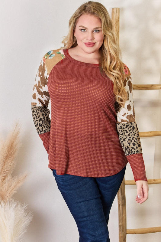 Hailey & Co Full Size Leopard Waffle-Knit Blouse - Leo’s Look Your Best