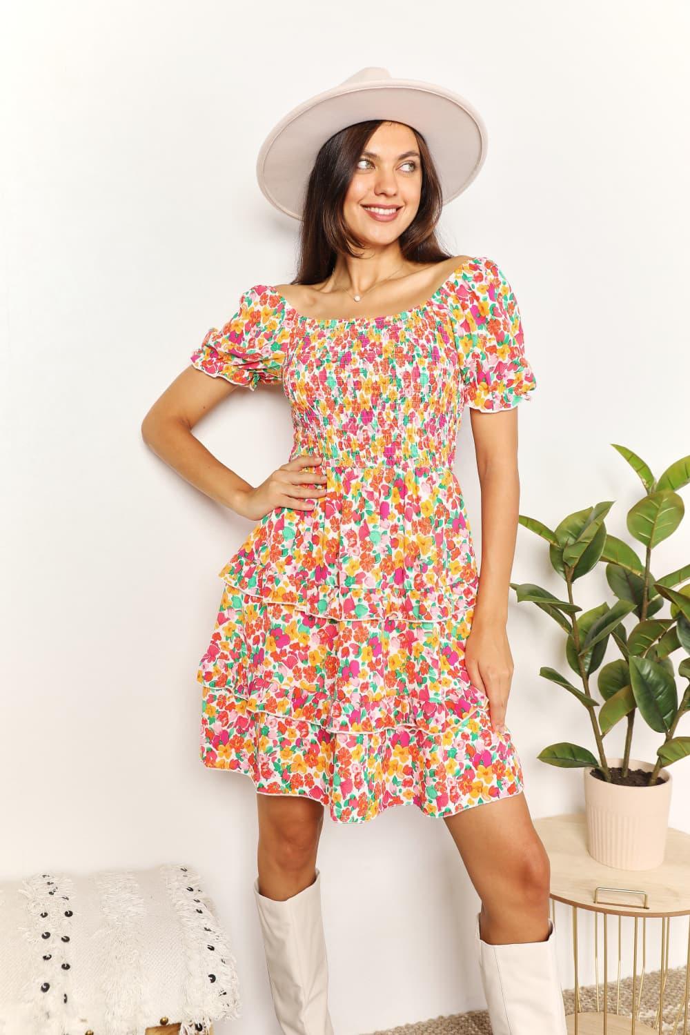Devine Smocked Sweetheart Neck Flounce Sleeve Mini Dress - Leo’s Look Your Best