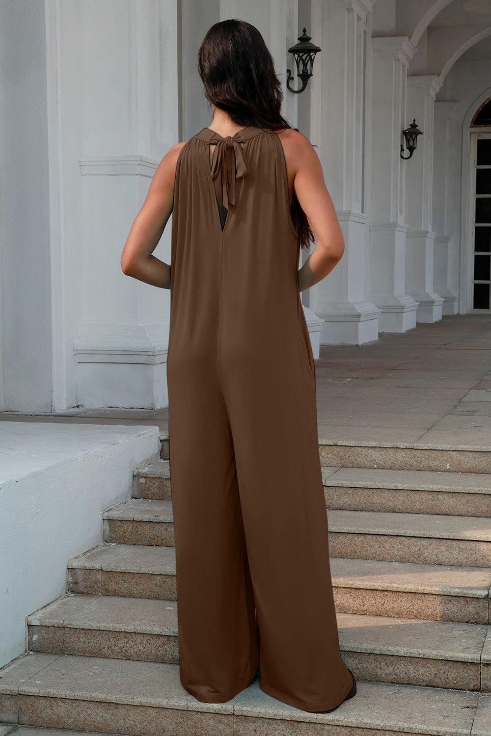 Double Take Full Size Tie Back Cutout Sleeveless Jumpsuit - Leo’s Look Your Best