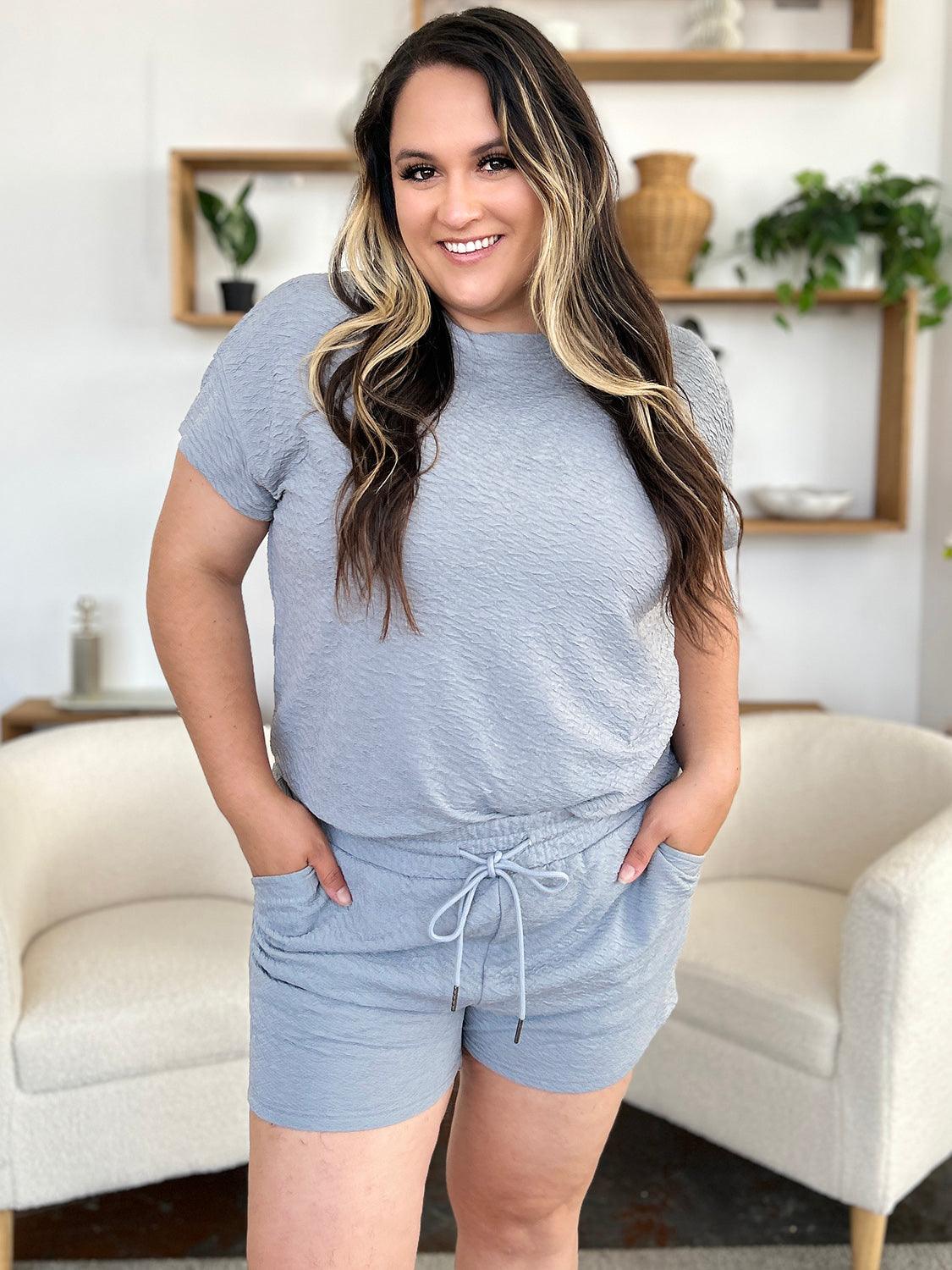 Double Take Full Size Texture Short Sleeve T-Shirt and Drawstring Shorts Set - Leo’s Look Your Best