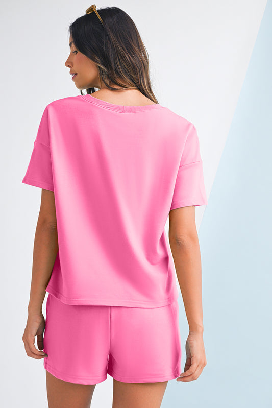 Bonbon V Neck Drop Shoulder Tee and Patchwork Shorts Set