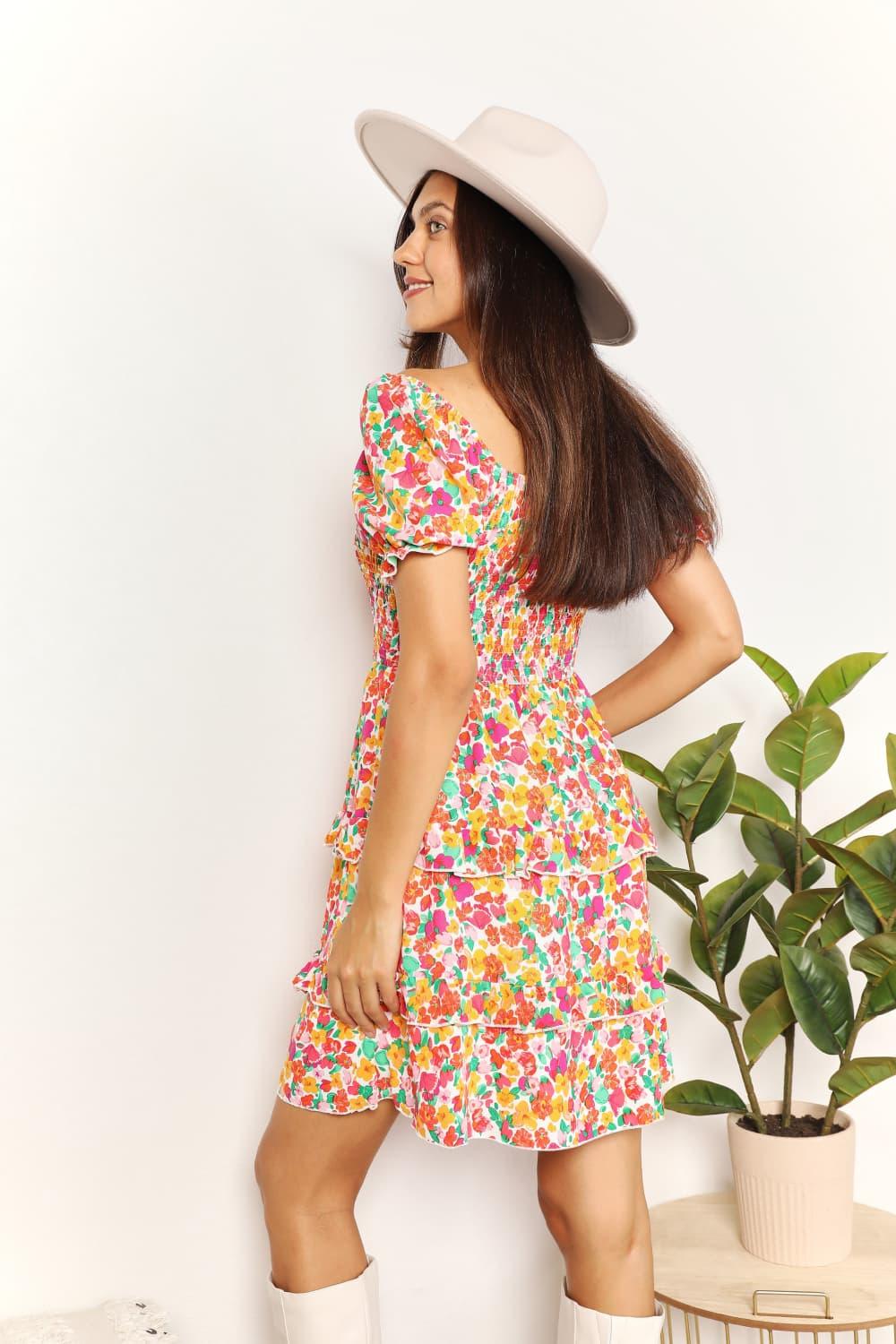Devine Smocked Sweetheart Neck Flounce Sleeve Mini Dress - Leo’s Look Your Best