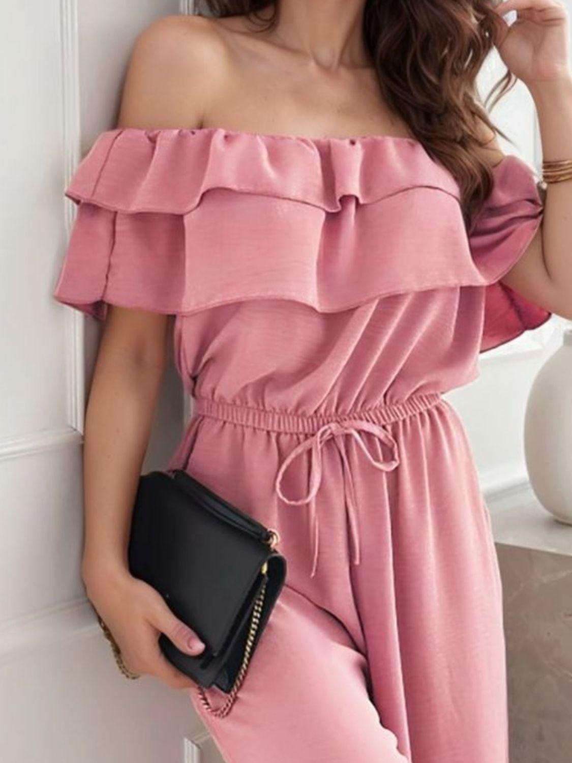 Ruffled Off Shoulder Wide Leg Jumpsuit - Leo’s Look Your Best