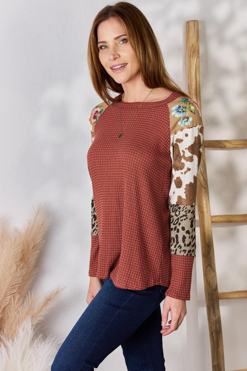 Hailey & Co Full Size Leopard Waffle-Knit Blouse - Leo’s Look Your Best