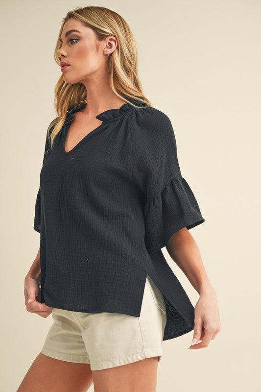 Aemi + Co Side Slit Notched Ruffled Half Sleeve Blouse - Leo’s Look Your Best