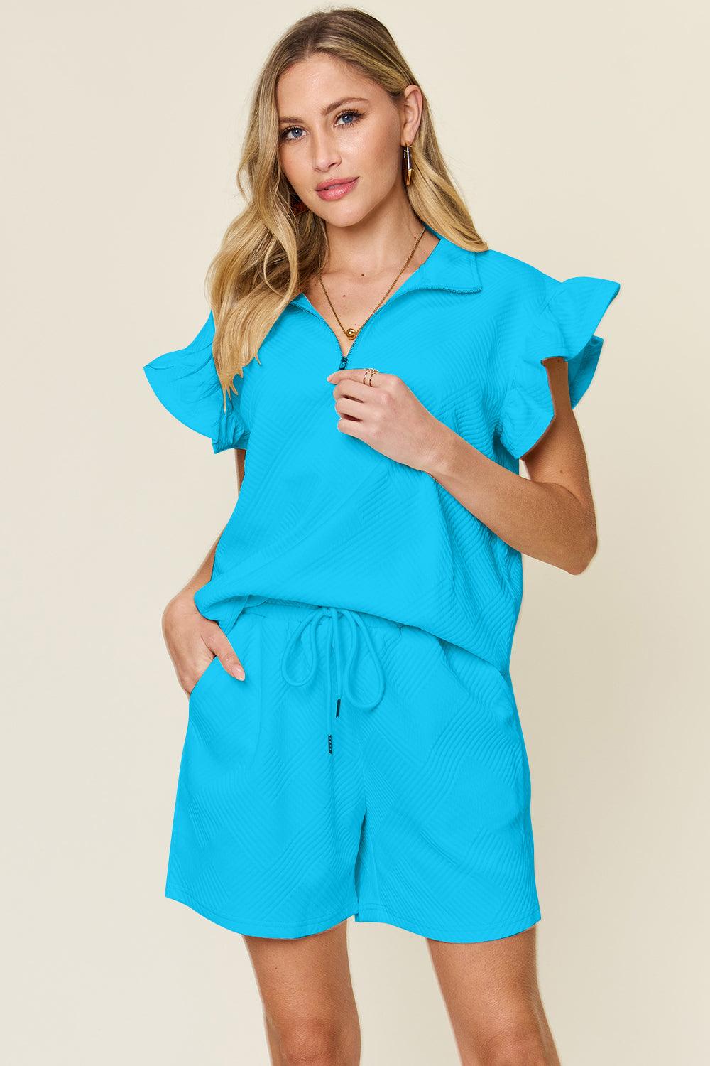 Double Take Full Size Texture Flounce Sleeve Top and Drawstring Shorts Set - Leo’s Look Your Best