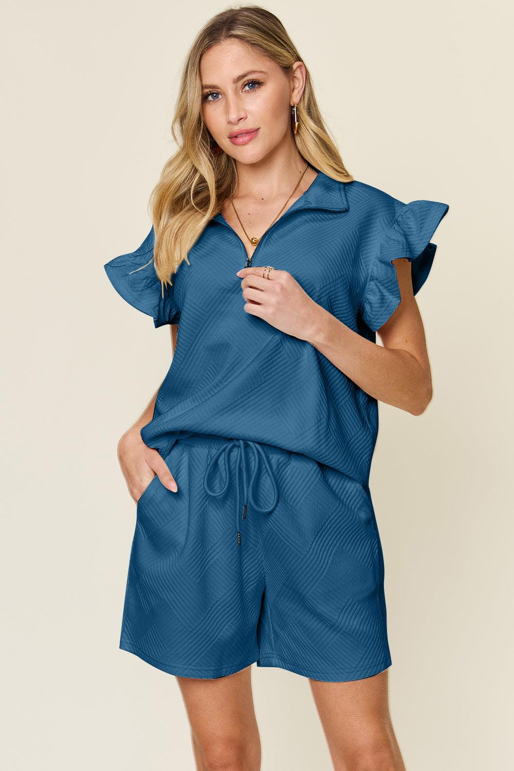 Double Take Full Size Texture Flounce Sleeve Top and Drawstring Shorts Set - Leo’s Look Your Best