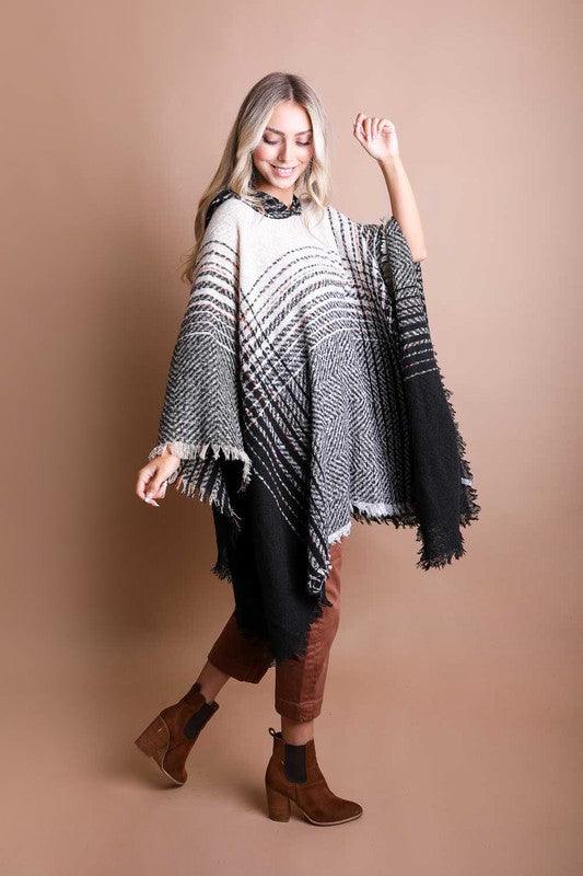 Herringbone Tweed Hooded Frayed Edge Poncho - Leo’s Look Your Best