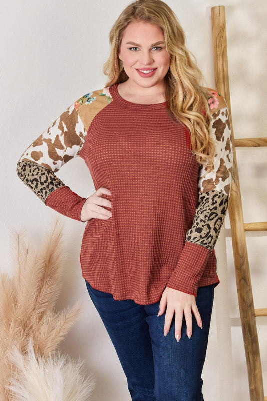 Hailey & Co Full Size Leopard Waffle-Knit Blouse - Leo’s Look Your Best