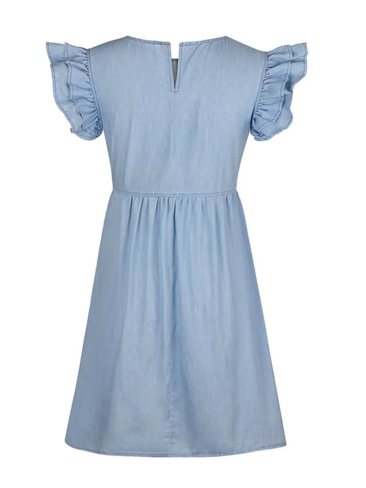 Light blue dress with ruffled sleeves on a white background