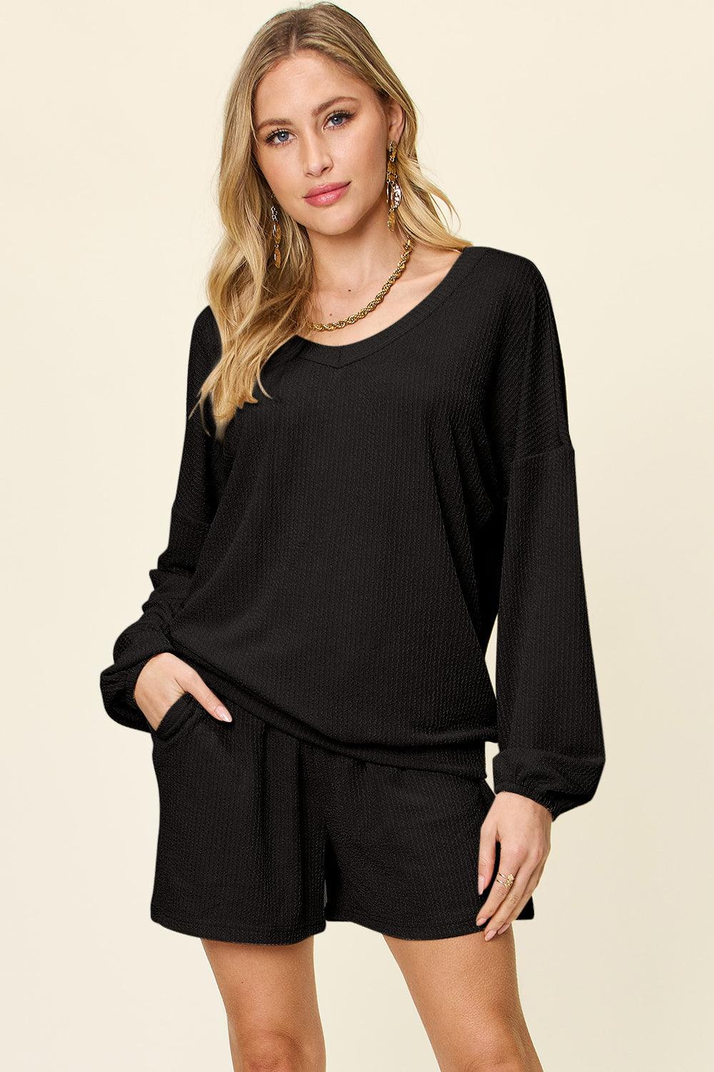 Double Take Full Size Texture V-Neck Long Sleeve T-Shirt and Shorts Set - Leo’s Look Your Best