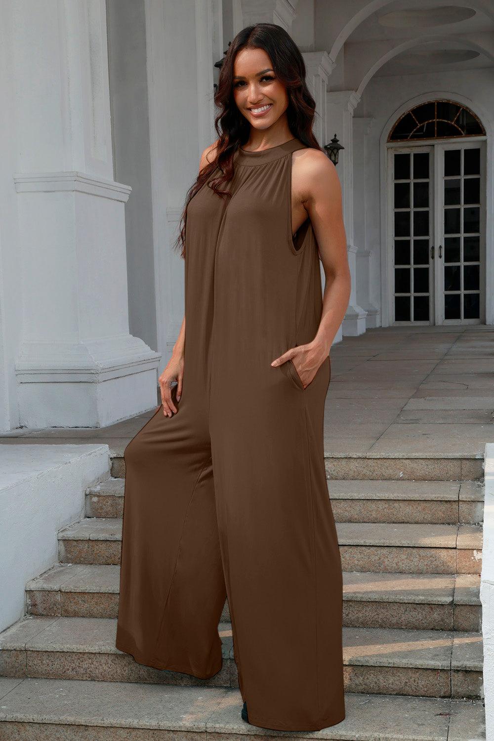 Double Take Full Size Tie Back Cutout Sleeveless Jumpsuit - Leo’s Look Your Best