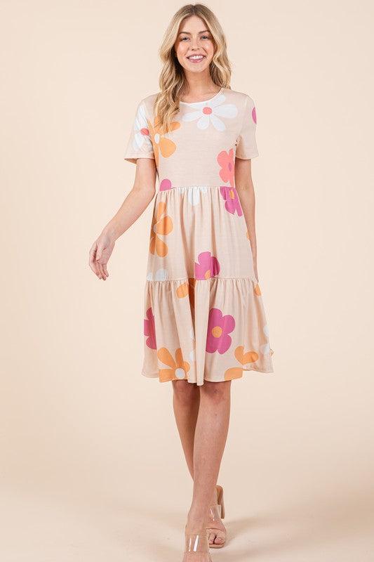 BOMBOM Floral Round Neck Short Sleeve Tiered Dress - Leo’s Look Your Best