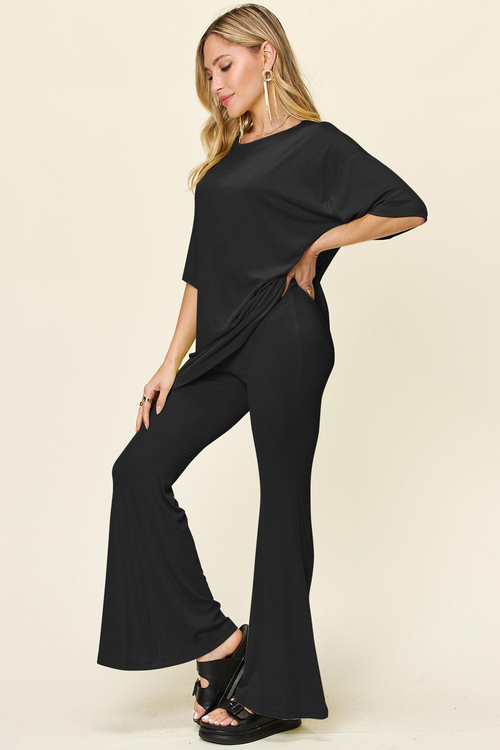 Double Take Full Size Round Neck Drop Shoulder T-Shirt and Flare Pants Set - Leo’s Look Your Best
