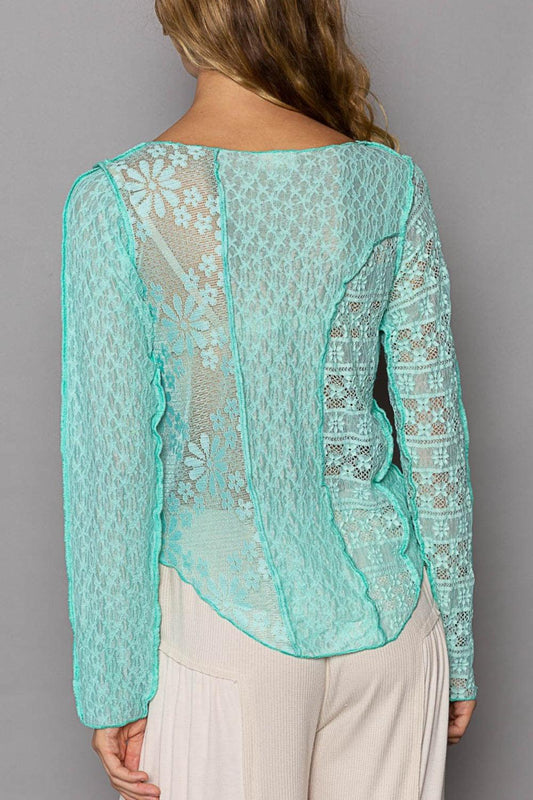 POL Exposed Seam Long Sleeve Lace Knit Top - Leo’s Look Your Best