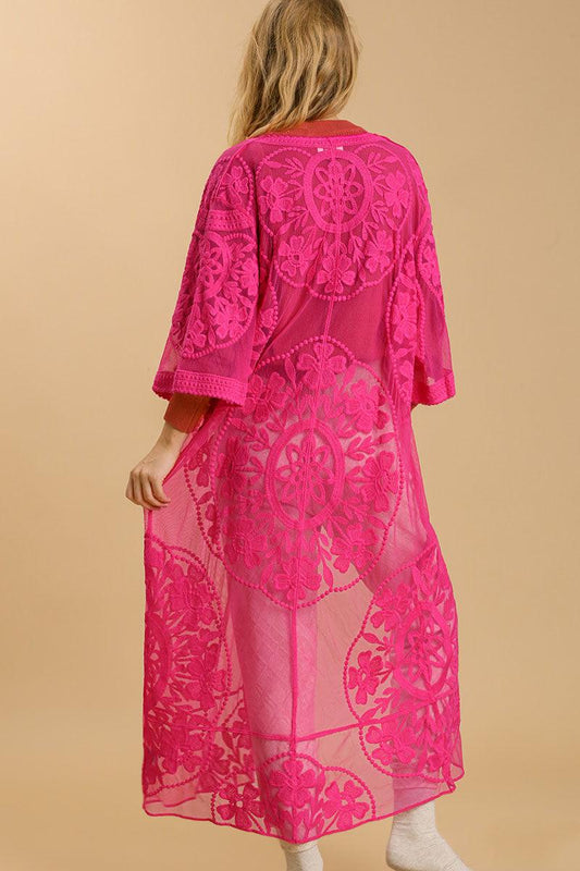 Umgee Full Size Floral Lace Open Front Long Kimono with Waist Tie Plus Size - Leo’s Look Your Best