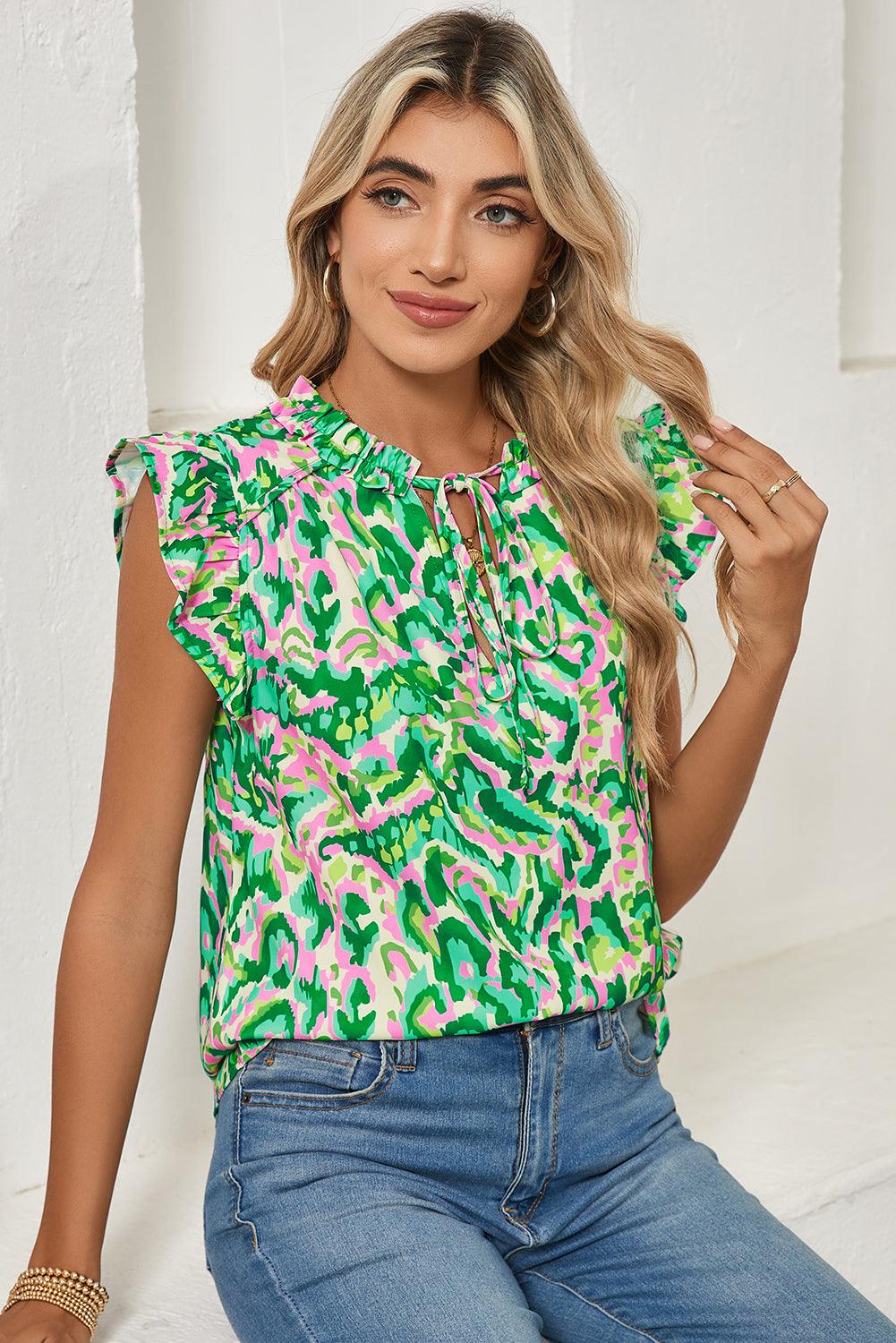 Green Abstract Print Frill Split Neck Ruffle Sleeveless Top - Leo’s Look Your Best