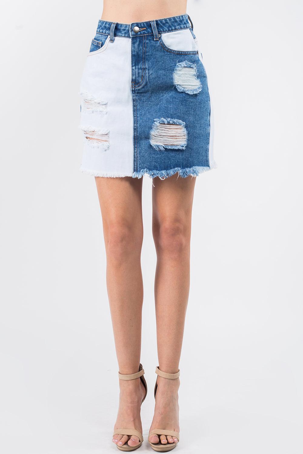 American Bazi Contrast Patched Frayed Denim Distressed Skirts - Leo’s Look Your Best