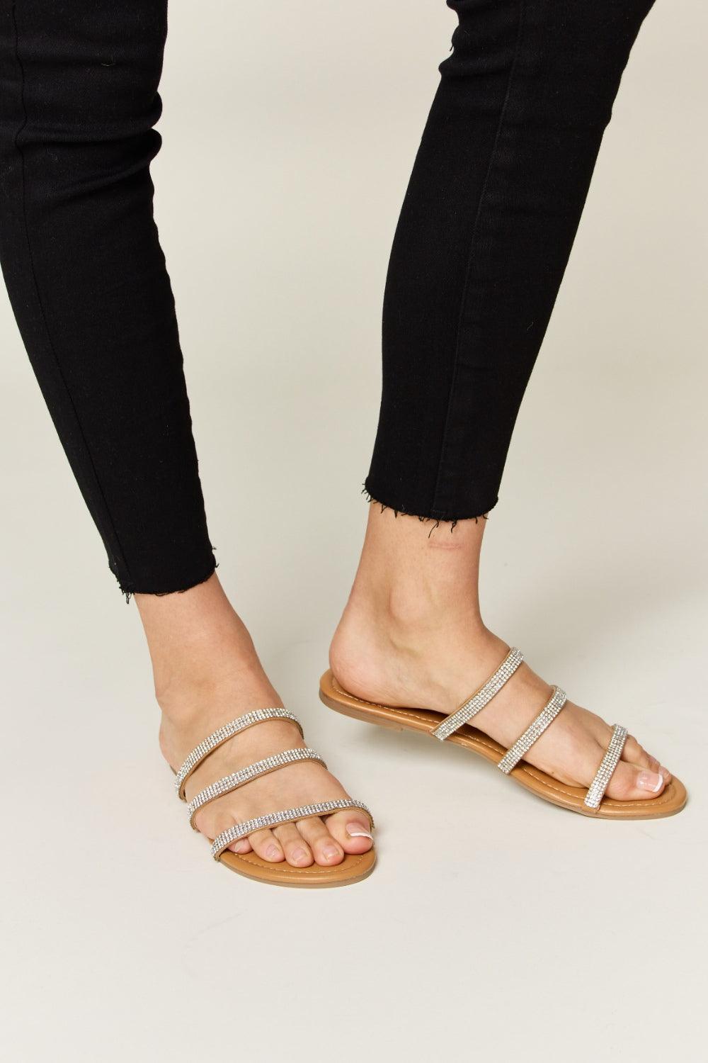 WILD DIVA Rhinestone Three-Strap Flat Sandals - Leo’s Look Your Best