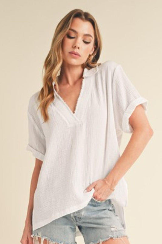 Aemi + Co Side Slit Johnny Collar Short Sleeve Cotton Gauze Blouse - Leo’s Look Your Best