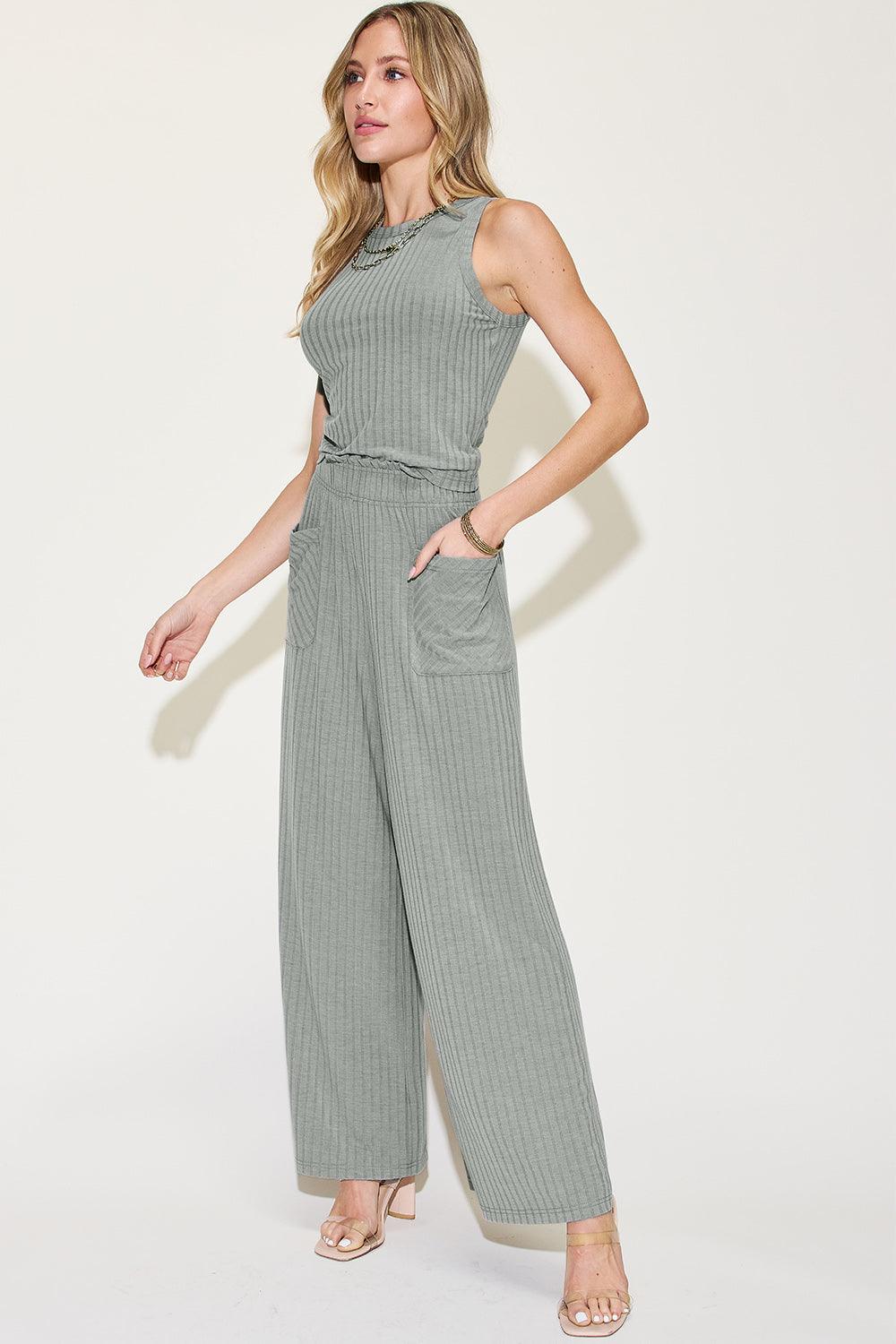 Basic Bae Full Size Ribbed Tank and Wide Leg Pants Set - Leo’s Look Your Best