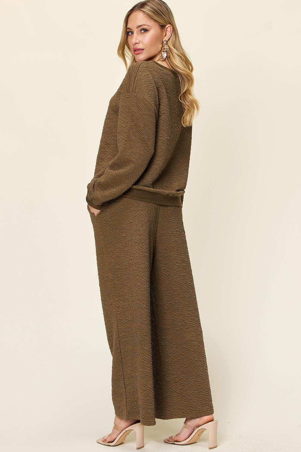 Double Take Full Size Texture Long Sleeve Top and Pants Set - Leo’s Look Your Best