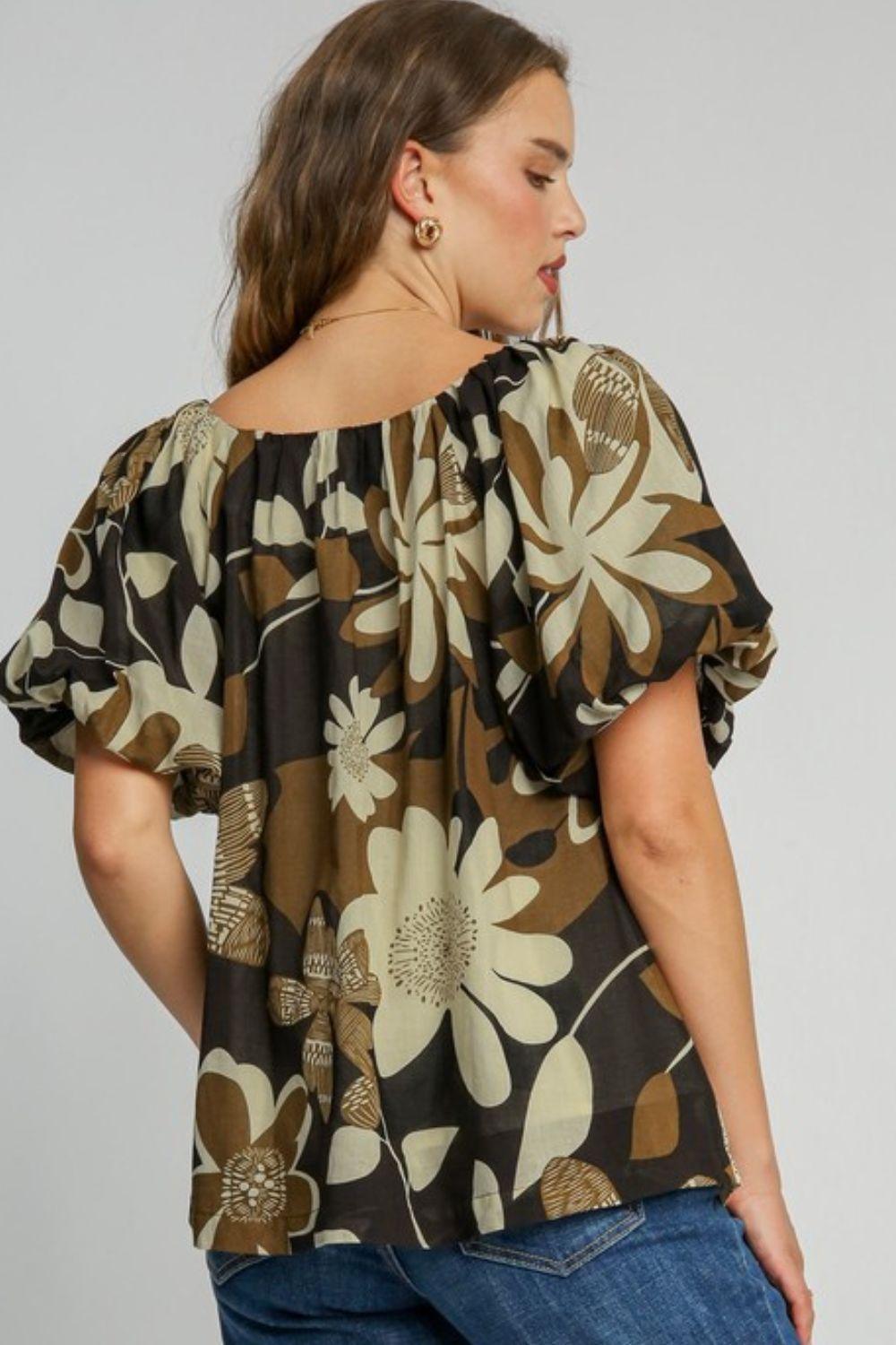 Umgee Full Size Print Round Neck Puff Sleeve Top Plus Size - Leo’s Look Your Best