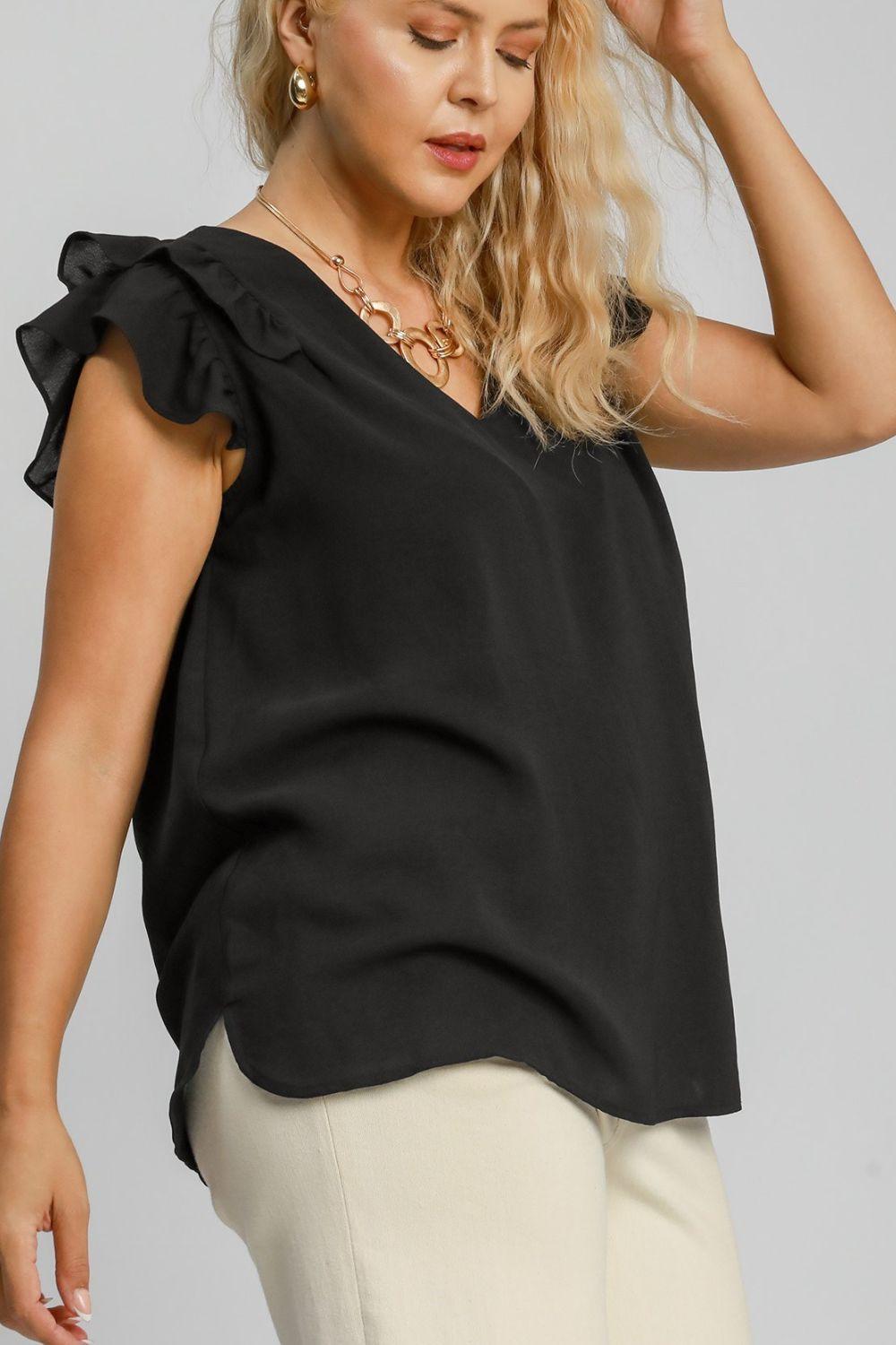 Umgee Full Size V-Neck Double Layered Ruffle Sleeve Blouse Plus Size - Leo’s Look Your Best