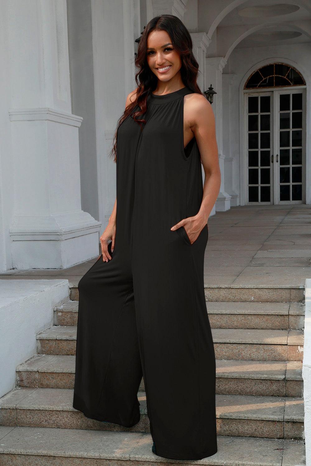 Double Take Full Size Tie Back Cutout Sleeveless Jumpsuit - Leo’s Look Your Best