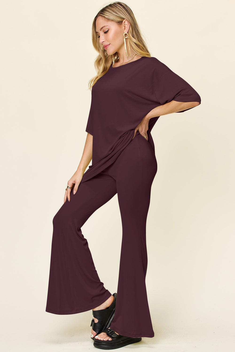 Double Take Full Size Round Neck Drop Shoulder T-Shirt and Flare Pants Set - Leo’s Look Your Best