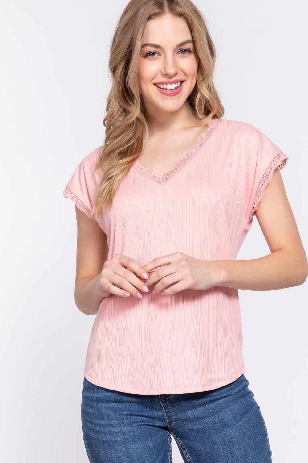 ACTIVE BASIC Lace Trim V-Neck Short Sleeve Ribbed Top - Leo’s Look Your Best
