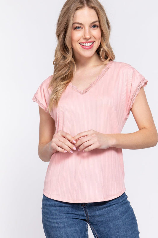 ACTIVE BASIC Lace Trim V-Neck Short Sleeve Ribbed Top - Leo’s Look Your Best