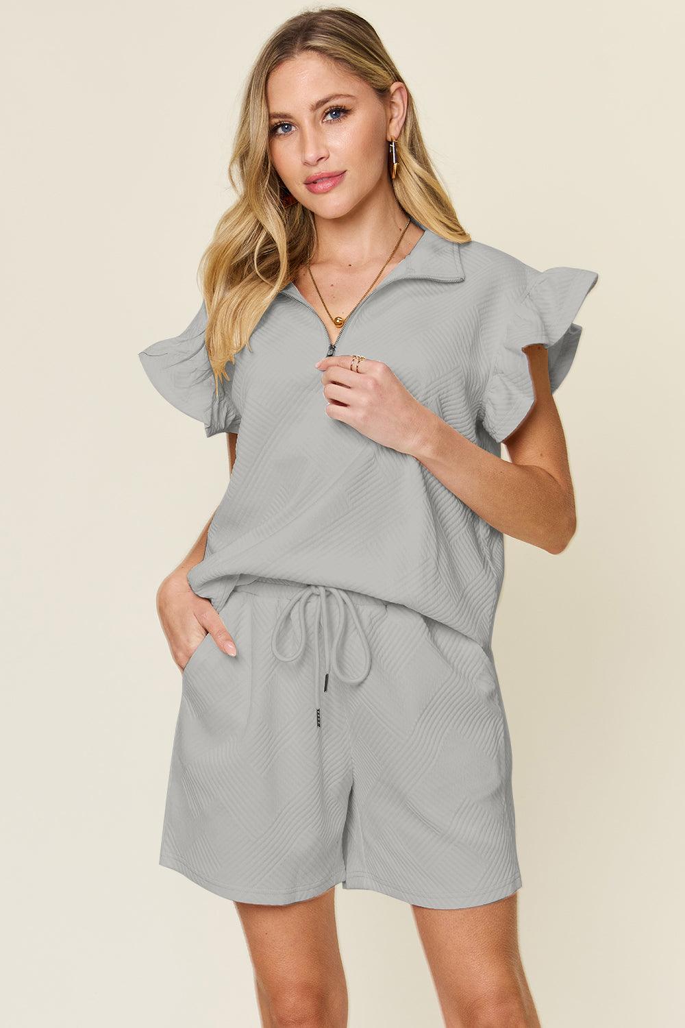 Double Take Full Size Texture Flounce Sleeve Top and Drawstring Shorts Set - Leo’s Look Your Best