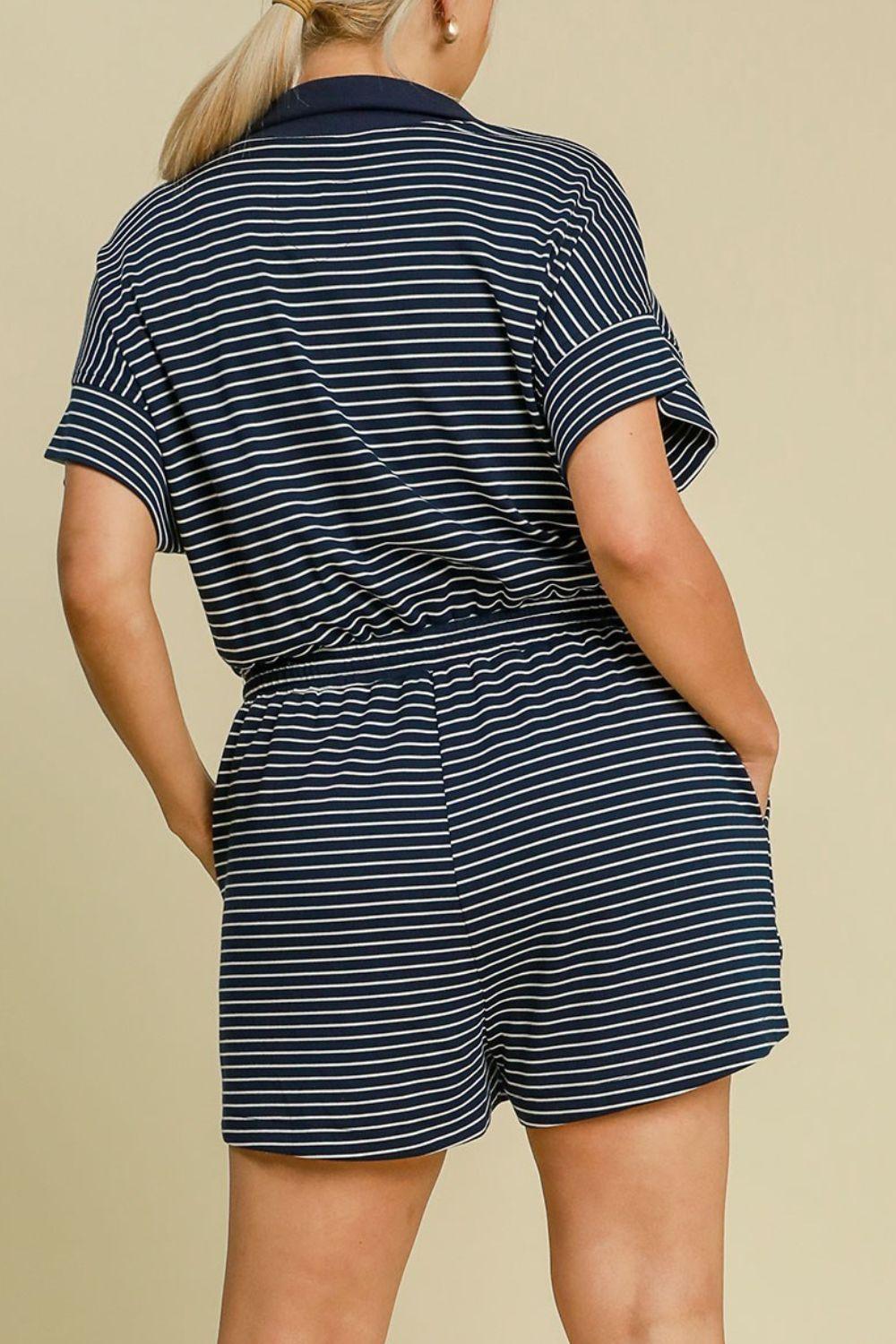 Umgee Full Size Half Zip Striped Romper Plus Size - Leo’s Look Your Best