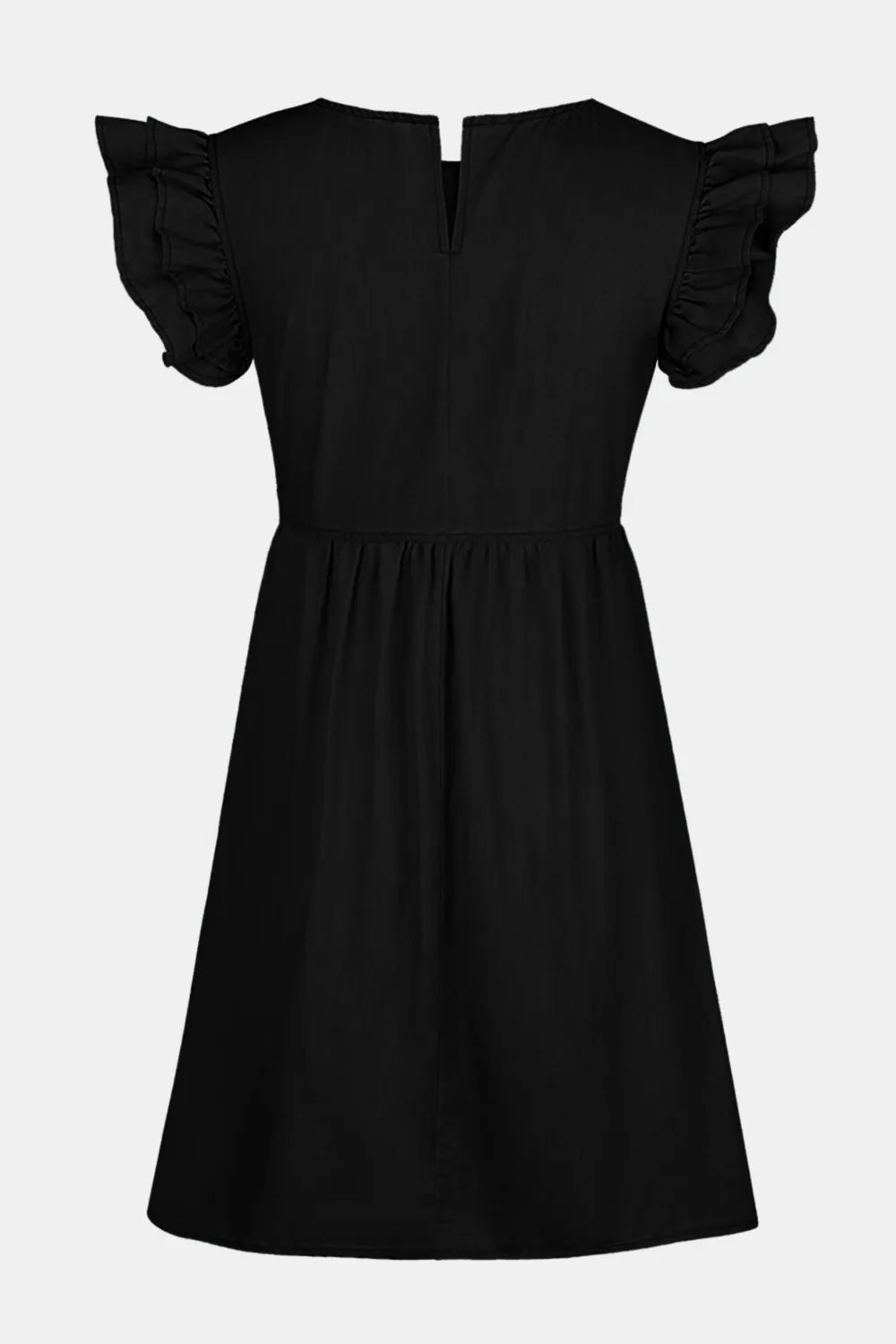 Black dress with ruffled sleeves on a light gray background