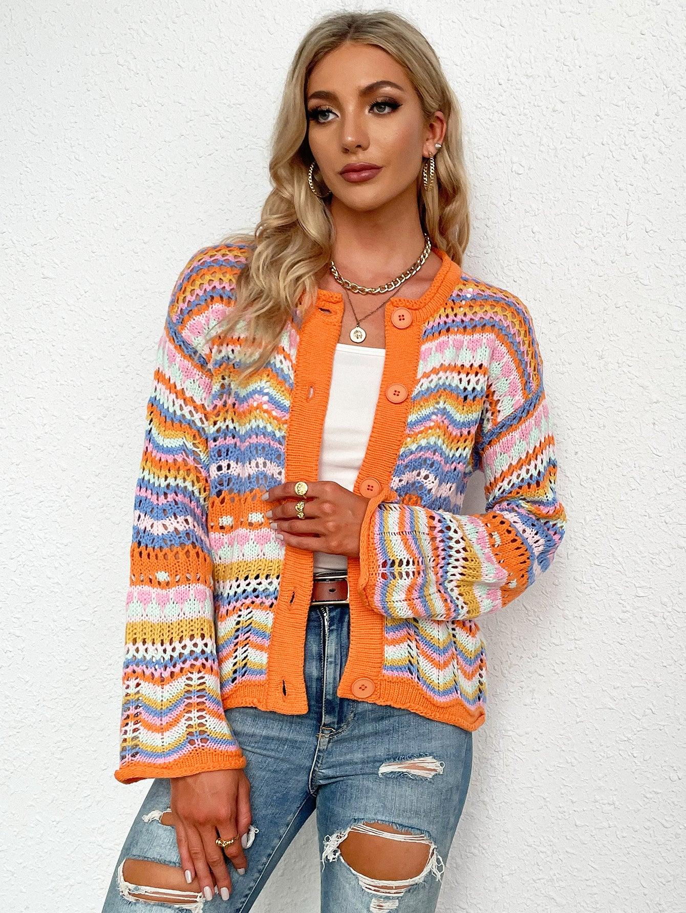 Chevron Stripes Openwork Cardigan - Leo’s Look Your Best