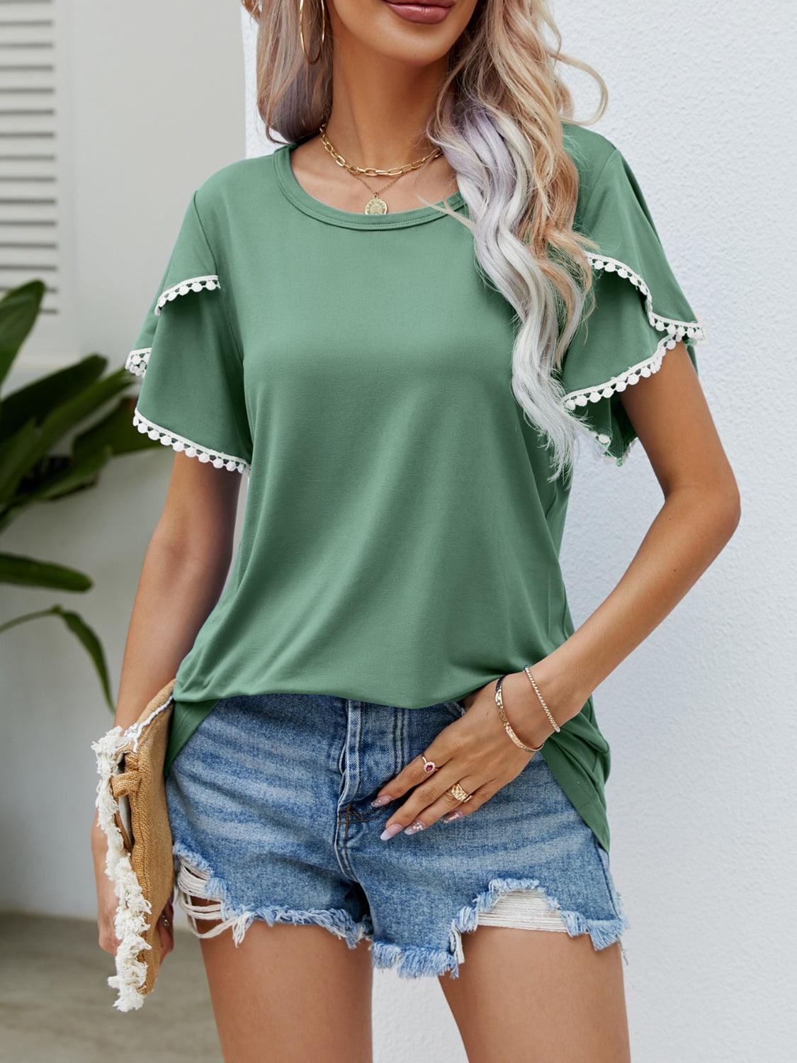 Pom-Pom Trim Flutter Sleeve Round Neck T-Shirt - Leo’s Look Your Best
