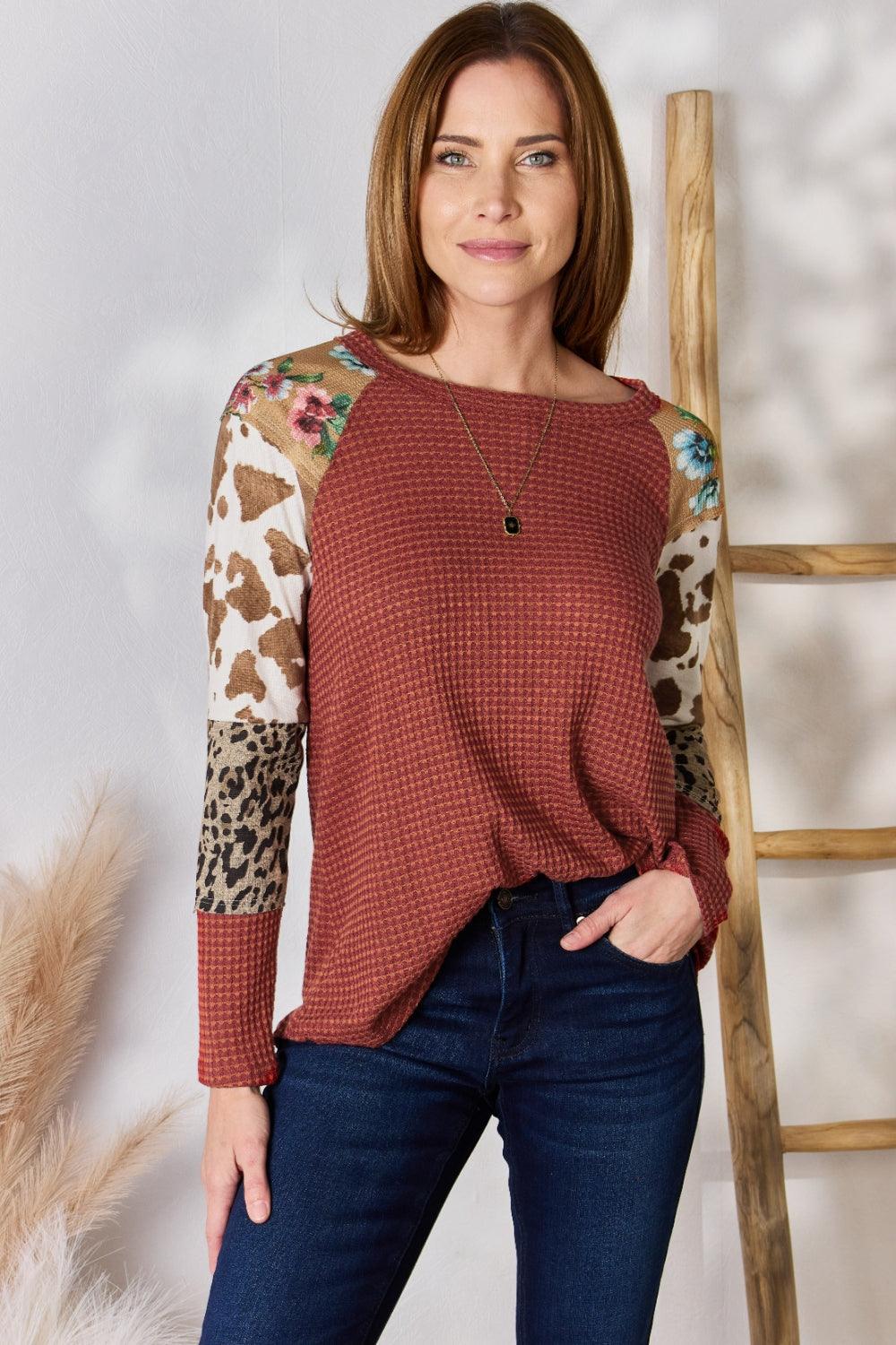 Hailey & Co Full Size Leopard Waffle-Knit Blouse - Leo’s Look Your Best