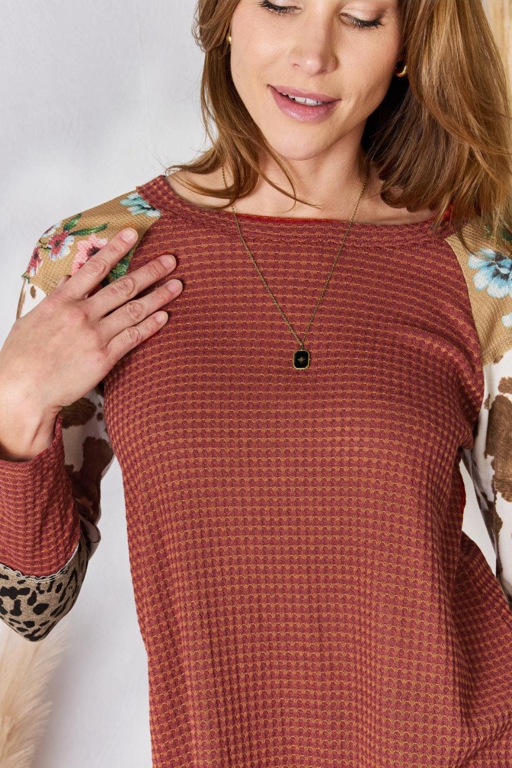 Hailey & Co Full Size Leopard Waffle-Knit Blouse - Leo’s Look Your Best