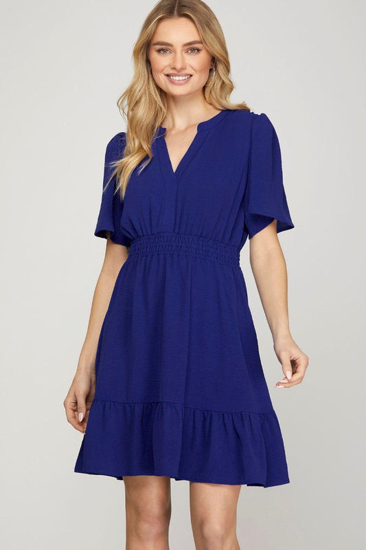 She + Sky Ruffled Hem Notched Flutter Sleeve Mini Dress - Leo’s Look Your Best