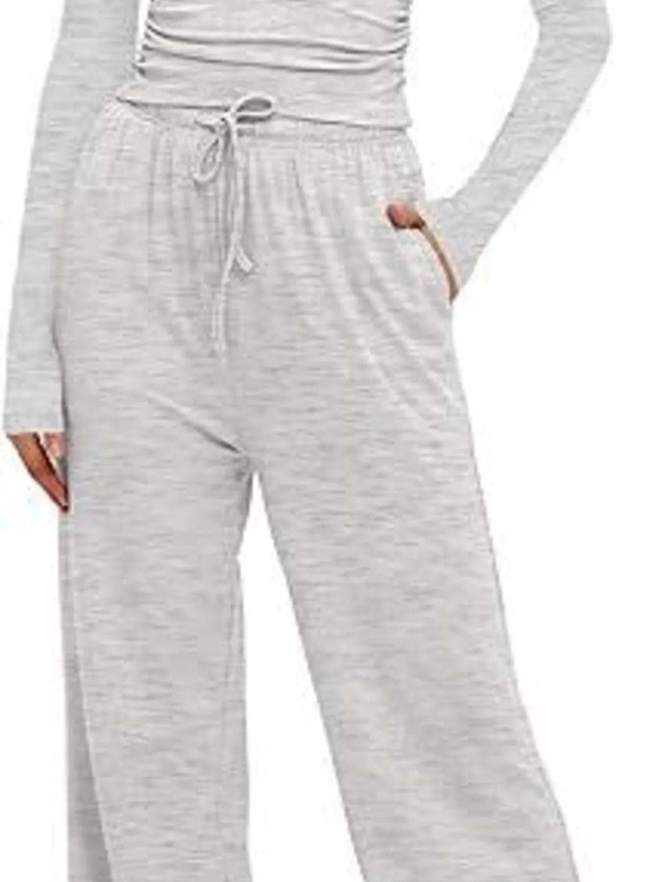 Gray long-sleeve top and pants set on a white background